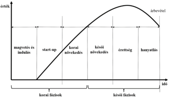 Üzleti életciklus görbe fázisokkal Üzleti életciklus görbe, amely bemutatja a vállalkozás fázisait: magvetés, start-up, növekedés, érettség, hanyatlás.