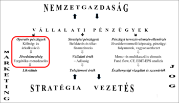Vállalati pénzügyek kapcsolatai és aspektusai Diagram a vállalati pénzügyek különböző aspektusairól, mint operatív pénzügyek, stratégiai pénzügyek és pénzügyi tervezés.