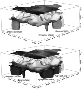 3D geológiai modell kürtőkkel és kalderákkal Két 3D geológiai modell föld alatti struktúrákkal, kürtőkkel és kalderákkal, feliratokkal.