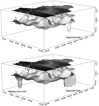 3D geológiai modell a Nagycsecd és Telkibánya-Gönc kürtőkről Két 3D geológiai modell, amely a Nagycsecd és Telkibánya-Gönc kürtőket ábrázolja, feliratokkal.