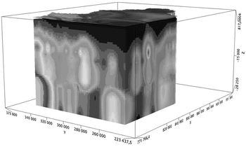 3D geológiai modell szürke árnyalatokkal 3D geológiai modell, amely szürke árnyalatokkal ábrázolja a föld alatti rétegeket, X, Y, Z tengelyekkel.