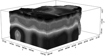 3D geológiai modell különböző rétegekkel és struktúrákkal 3D geológiai modell, amely különböző rétegeket és struktúrákat ábrázol, X, Y, Z tengelyekkel.