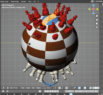 3D sakkgömb sakktáblával és sakkfigurákkal 3D modellező szoftverben készült sakkgömb sakktáblával és sakkfigurákkal, gömb alakú sakktáblán.