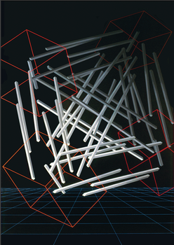 3D geometriai kompozíció fehér rudakkal és piros kockákkal 3D geometriai kompozíció fehér rudakból és piros vonalakkal határolt kockákból, fekete háttér előtt, kék rácsos alapon.