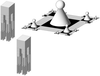 Absztrakt geometriai kompozíció különböző formákkal Absztrakt geometriai kompozíció, kúpok, gömbök, kockák és oszlopok egy sakktáblaszerű alapon.
