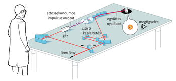 Attoszekundumos impulzussorozat laboratóriumi vizsgálata Tudós vizsgálja az attoszekundumos impulzussorozatot laboratóriumi asztalon, lézerfény, gáz, szűrő, késleltetés és együttes nyalábok megfigyelésével.