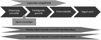 Ellátási lánc hatásai a Covid19 következtében Ellátási lánc folyamatábra, bemutatva a Covid19 hatásait az ellátási és keresleti oldalon.