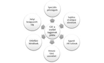A családtagok jólétének célja és kapcsolódó tényezők Diagram a családtagok jólétének céljáról és az ehhez kapcsolódó tényezőkről, mint pénzügyek, stratégiai döntések, HR-rutinok.