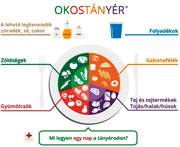 Egészséges táplálkozás az Okostányér koncepció alapján Az Okostányér koncepció bemutatja az egészséges táplálkozás alapelveit, különböző élelmiszercsoportok arányával a tányéron.