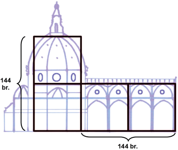 Firenzei dóm kupolájának geometriai arányai Firenzei dóm kupolájának építészeti rajza geometriai arányokkal és méretekkel.