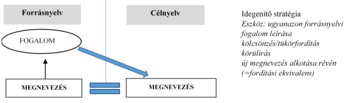 Fordítási folyamat és idegenítő stratégia bemutatása Diagram a fordítási folyamatot és az idegenítő stratégiát mutatja be, forrásnyelvi fogalom megnevezése célnyelvre.