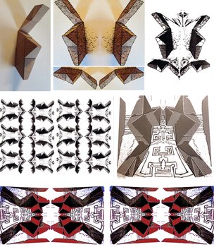 Geometriai formák és minták tükröződése Különböző geometriai formák és minták tükröződése és ismétlődése faanyagból, különböző színekben.