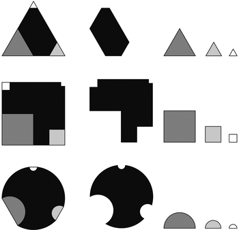 Geometriai formák különböző méretekben és színekben Különböző geometriai formák, mint háromszög, hatszög, négyzet és kör, különböző méretekben és színekben.