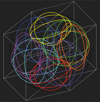 Geometriai ábrázolás színes körökkel és vonalakkal Geometriai ábrázolás különböző színű körökkel és vonalakkal egy háromdimenziós térben.