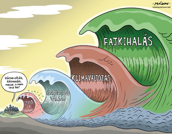 Globális problémák karikatúrája hullámok formájában Karikatúra, amely különböző globális problémákat ábrázol hullámok formájában: COVID-19, gazdasági válság, klímaváltozás, fajkihalás.