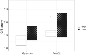 Boxplot diagram a G/S arányról gyermekek és felnőttek esetében, exp és naz csoportokkal