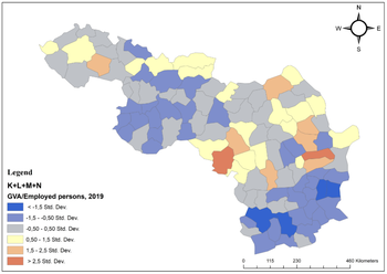 GVA/Employed persons 2019 térkép Térkép a K+L+M+N szektorokban dolgozó személyek GVA értékéről 2019-ben, színkódokkal jelölve.