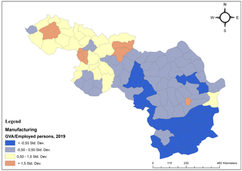 Gyártási GVA/foglalkoztatott személyek térkép 2019 Térkép a gyártási GVA/foglalkoztatott személyek adataival 2019-ben, színkódolva a standard deviációk szerint.