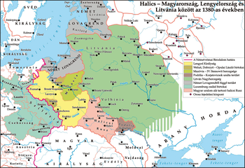 Térkép Halics, Magyarország, Lengyelország és Litvánia területeiről az 1380-as években, politikai határokkal és birtokokkal.
