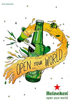 Heineken sör - Open Your World reklám Heineken sörösüveg kreatív grafikai elemekkel és 'Open Your World' szlogennel.