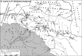 II. András és IV. Béla halicsi hadjáratai térkép Térkép II. András és IV. Béla halicsi hadjáratairól, útvonalakkal és csaták helyszíneivel.