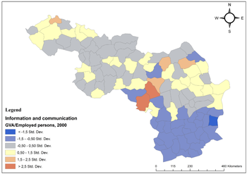 Információ és kommunikáció GVA térkép 2000 Térkép az információs és kommunikációs szektor GVA értékeiről 2000-ben, szórás szerint színezve.