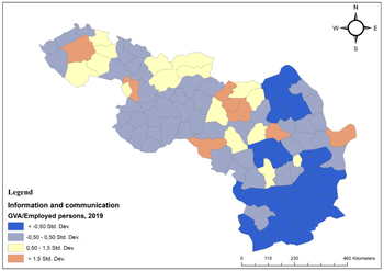 Információ és kommunikáció GVA/alkalmazottak térkép, 2019 Térkép a 2019-es információs és kommunikációs szektor GVA/alkalmazottak arányáról, színkódokkal jelölve a standard deviációkat.