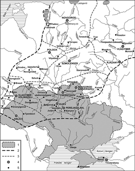 Kijevi Rusz térképe városokkal és folyókkal Kijevi Rusz térképe, városok, folyók, tengerek és határvonalak jelmagyarázattal.