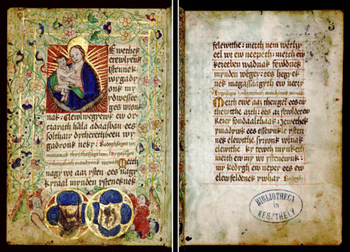Középkori kézirat két oldala, Szűz Mária és gyermek Jézus ábrázolása, Bibliotheca in Keszthely felirattal