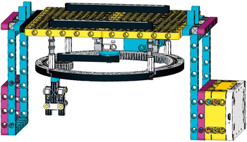 LEGO Technic szerkezet fogaskerekekkel LEGO Technic szerkezet különböző színű elemekkel és fogaskerekekkel.