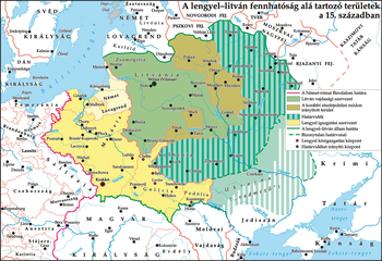 Lengyel-litván fennhatóság területei a 15. században Térkép a lengyel-litván fennhatóság alá tartozó területekről a 15. században, különböző színkódokkal jelölve.