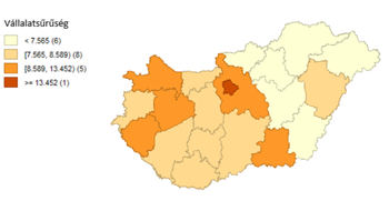 Magyarország vállalatsűrűség térképe Magyarország térképe, amely a vállalatsűrűséget mutatja különböző színárnyalatokkal.