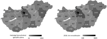 Magyarország megyei statisztika: hatósági bizonyítvány és orvoslétszám Magyarország térképe, megyék hatósági bizonyítvány igénylők száma és 2018-as orvoslétszám adatokkal.