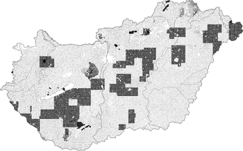 Magyarország népességsűrűség térképe Magyarország térképe, sűrűn lakott területek fekete színnel jelölve.