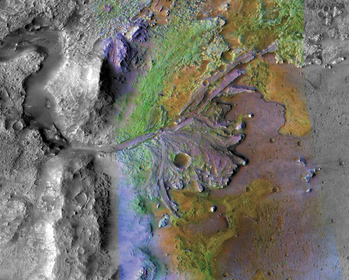 Mars Jezero-kráter delta területe A Mars Jezero-kráterének delta területe, színes és fekete-fehér kép a Mars Reconnaissance Orbiter által.