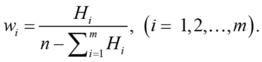 Matematikai képlet, amely a súlyok kiszámítását mutatja: w_i = H_i / (n - sum H_i), i = 1,2,...,m.