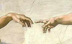 Michelangelo Teremtés festményének részlete Michelangelo Teremtés festményének részlete, Isten és Ádám keze közelít egymáshoz.
