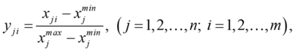 Matematikai képlet a min-max normalizációhoz, y_{ji} = (x_{ji} - x_{j}^{min}) / (x_{j}^{max} - x_{j}^{min}).