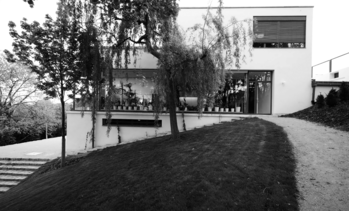 Modern minimalista ház kerttel és üvegablakokkal Modern, minimalista stílusú ház nagy üvegablakokkal, cserepes növényekkel, körülötte fák és gyep.