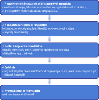 Munkahelyi kockázatkezelés lépései A munkahelyi kockázatkezelés lépései: azonosítás, értékelés, megelőzés, cselekvés, nyomon követés.