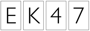 Négyzetekben elhelyezett karakterek: E, K, 4, 7 Négy különálló négyzet, mindegyikben egy karakter: E, K, 4, 7.