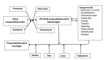 Folyamatábra a nemzetköziesedési lehetőségekről, ösztönzőkről, motivációkról, akadályokról, támogatásokról és kompetenciákról.