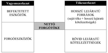 Pénzügyi diagram a vagyon- és tőkeszerkezetről Pénzügyi diagram, amely a vagyon- és tőkeszerkezetet mutatja be, kiemelve a nettó forgótőkét.