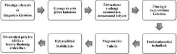 Pénzügyi elemzés és válságkezelés folyamatábra Folyamatábra a pénzügyi elemzés és válságkezelés lépéseiről, a diagnózistól a növekedési pályára állításig.