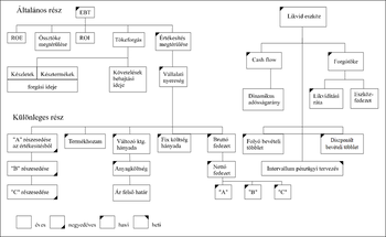 Pénzügyi tervezési diagram az általános és különleges mutatókkal Pénzügyi tervezési diagram, amely az általános és különleges pénzügyi mutatókat és eszközöket ábrázolja, mint EBT, ROE, ROI, tőkeforgás, készletek, késztermékek, vállalati nyereség, likvid eszközök, cash flow, és intervallum pénzügyi tervezés.