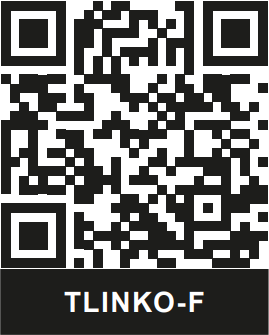 QR-kód TLINKO-F felirattal Fekete-fehér QR-kód, alatta TLINKO-F felirat látható.