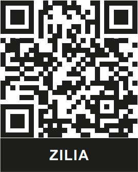 QR-kód ZILIA felirattal Fekete-fehér QR-kód, alatta ZILIA felirat.