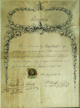 Régi magyar bizonyítvány Ocsy József részére, 1868 Régi magyar bizonyítvány, amelyet Ocsy József kapott 1868-ban a budai gazdasági tanintézetben.