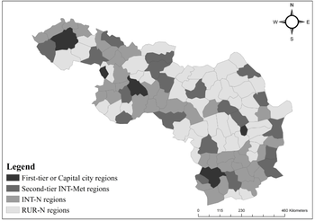 Térkép a régiók típusairól színkódokkal Térkép különböző régiók típusairól, színkódokkal jelölve, jelmagyarázattal.