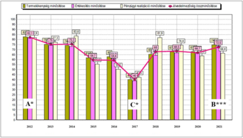 Termelékenység, értékesítés, pénzügyi és jövedelmezőség minősítése Diagram a termelékenység, értékesítés, pénzügyi realizáció és jövedelmezőség minősítéséről 2012-2021 között.
